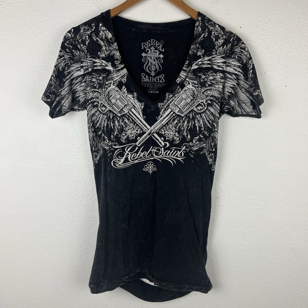 Rebel Saints Women's Small Y2K Rhinestone Revolver Guns Angel Wings Cut Out Back